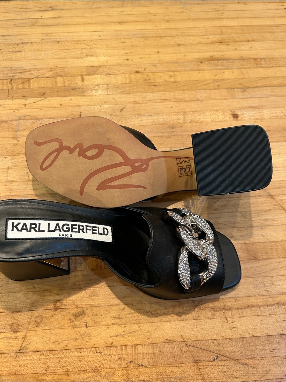 Karl Lagerfeld Black Leather Mules with Crystal Chain - Picture 7 of 9